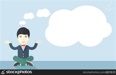 An asian man with speech cloud thinking about on how the business will grow. Business concept. A Contemporary style with pastel palette, soft blue tinted background. Vector flat design illustration. Horizontal layout.. Businessman get the idea