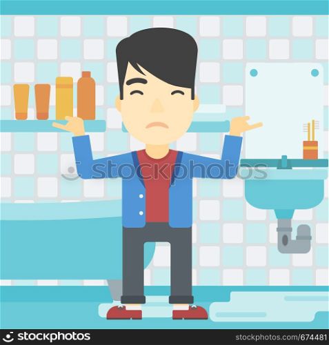An asian man with spread arms standing near leaking sink in the bathroom vector flat design illustration. Square layout.. Man in despair standing near leaking sink.