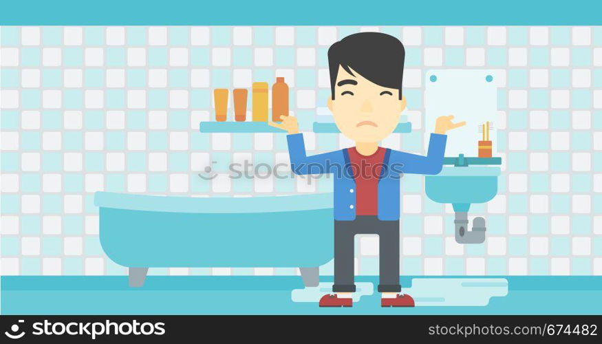 An asian man with spread arms standing near leaking sink in the bathroom vector flat design illustration. Horizontal layout.. Man in despair standing near leaking sink.