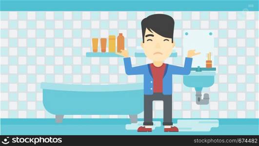 An asian man with spread arms standing near leaking sink in the bathroom vector flat design illustration. Horizontal layout.. Man in despair standing near leaking sink.