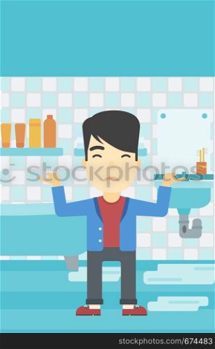 An asian man with spread arms standing near leaking sink in the bathroom vector flat design illustration. Vertical layout.. Man in despair standing near leaking sink.