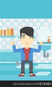 An asian man with spread arms standing near leaking sink in the bathroom vector flat design illustration. Vertical layout.. Man in despair standing near leaking sink.