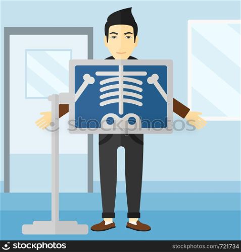 An asian man with x-ray screen showing his skeleton on the background of medical office vector flat design illustration. Square layout.. Patient during x-ray procedure.