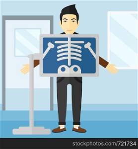 An asian man with x-ray screen showing his skeleton on the background of medical office vector flat design illustration. Square layout.. Patient during x-ray procedure.
