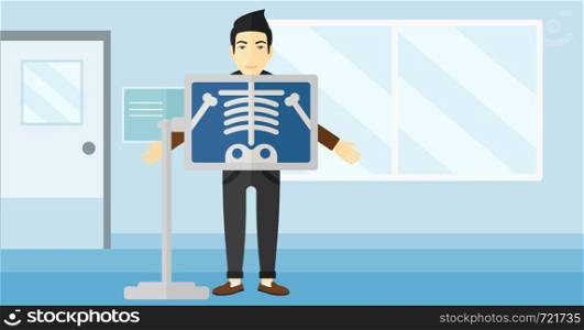 An asian man with x-ray screen showing his skeleton on the background of medical office vector flat design illustration. Horizontal layout.. Patient during x-ray procedure.
