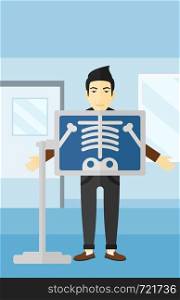 An asian man with x-ray screen showing his skeleton on the background of medical office vector flat design illustration. Vertical layout.. Patient during x-ray procedure.