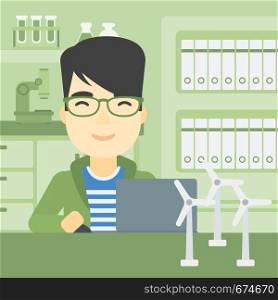 An asian man working in office with laptop and model wind turbine on the table. Man working with model wind turbines. Green energy concept. Vector flat design illustration. Square layout.. Man working with model wind turbines on the table.