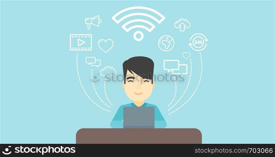 An asian man working on a laptop and social computer network icons above him. Vector flat design illustration. Horizontal layout.. Man working on laptop vector illustration.