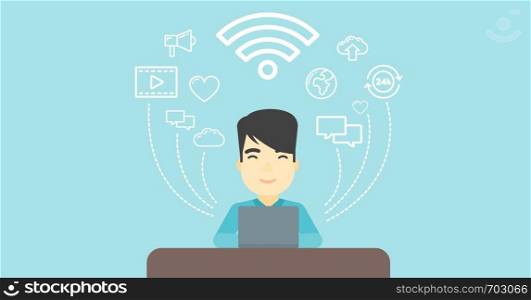 An asian man working on a laptop and social computer network icons above him. Vector flat design illustration. Horizontal layout.. Man working on laptop vector illustration.