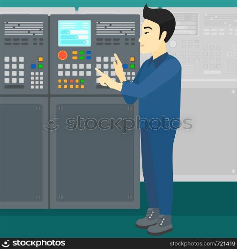 An asian man working on control panel at factory workshop vector flat design illustration. Square layout.. Engineer standing near control panel.