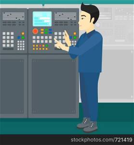 An asian man working on control panel at factory workshop vector flat design illustration. Square layout.. Engineer standing near control panel.