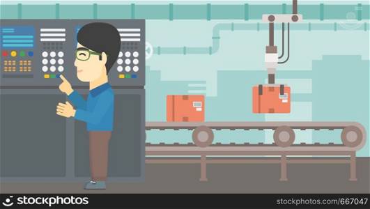 An asian man working on control panel. Man pressing button at control panel in plant. Engineer standing in front of the control panel. Vector flat design illustration. Horizontal layout.. Engineer standing near control panel.