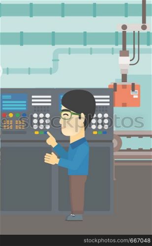 An asian man working on control panel. Man pressing button at control panel in plant. Engineer standing in front of the control panel. Vector flat design illustration. Vertical layout.. Engineer standing near control panel.