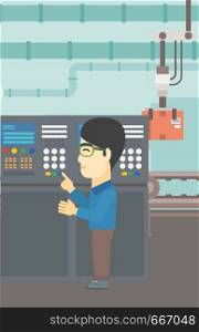 An asian man working on control panel. Man pressing button at control panel in plant. Engineer standing in front of the control panel. Vector flat design illustration. Vertical layout.. Engineer standing near control panel.