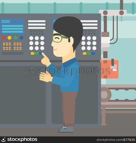 An asian man working on control panel. Man pressing button at control panel in plant. Engineer standing in front of the control panel. Vector flat design illustration. Square layout.. Engineer standing near control panel.