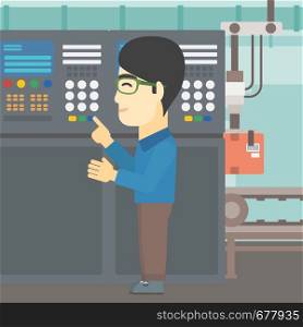 An asian man working on control panel. Man pressing button at control panel in plant. Engineer standing in front of the control panel. Vector flat design illustration. Square layout.. Engineer standing near control panel.