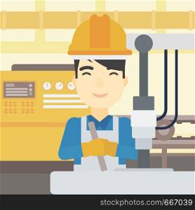 An asian man working on industrial drilling machine. Man using drilling machine at manufactory. Metalworker drilling at workplace. Vector flat design illustration. Square layout.. Man working on industrial drilling machine.