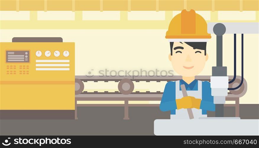 An asian man working on industrial drilling machine. Man using drilling machine at manufactory. Metalworker drilling at workplace. Vector flat design illustration. Horizontal layout.. Man working on industrial drilling machine.