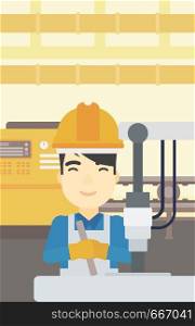 An asian man working on industrial drilling machine. Man using drilling machine at manufactory. Metalworker drilling at workplace. Vector flat design illustration. Vertical layout.. Man working on industrial drilling machine.