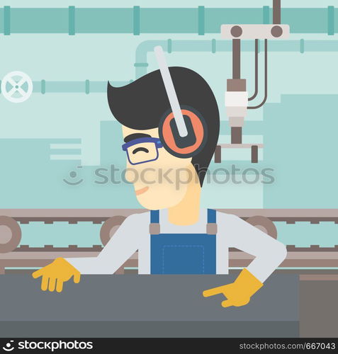 An asian man working on metal press machine. Worker in headphones operating metal press machine at factory workshop. Vector flat design illustration. Square layout.. Man working on metal press machine.