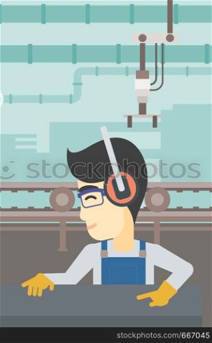 An asian man working on metal press machine. Worker in headphones operating metal press machine at factory workshop. Vector flat design illustration. Vertical layout.. Man working on metal press machine.