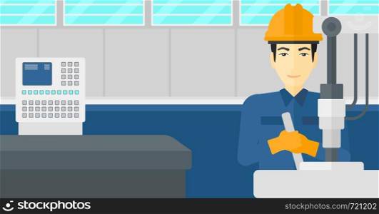 An asian man working with an industrial equipment at factory workshop background vector flat design illustration. Horizontal layout.. Man working with industrial equipment.