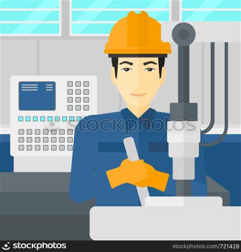 An asian man working with an industrial equipment at factory workshop background vector flat design illustration. Square layout.. Man working with industrial equipment.