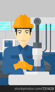 An asian man working with an industrial equipment at factory workshop background vector flat design illustration. Vertical layout.. Man working with industrial equipment.