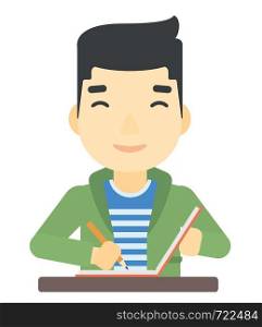 An asian man writing an article in his writing-pad vector flat design illustration isolated on white background.. Reporter writing an article.