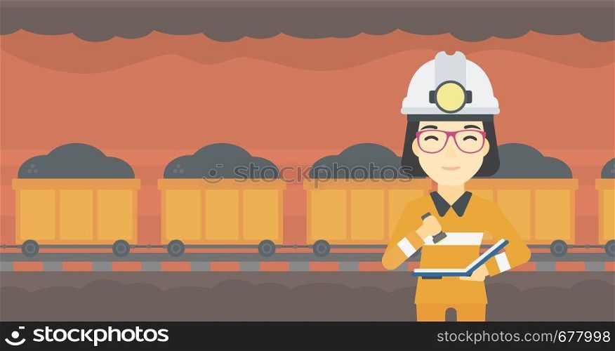 An asian miner checking documents with the flashlight. Mine worker in hard hat on the background of mining tunnel with cart full of coal. Vector flat design illustration. Horizontal layout.. Miner checking documents vector illustration.