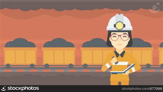 An asian miner checking documents with the flashlight. Mine worker in hard hat on the background of mining tunnel with cart full of coal. Vector flat design illustration. Horizontal layout.. Miner checking documents vector illustration.