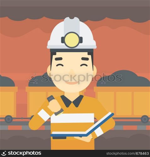 An asian miner checking documents with the flashlight. Mine worker in hard hat on the background of mining tunnel with cart full of coal. Vector flat design illustration. Square layout.. Miner checking documents vector illustration.