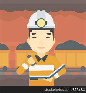 An asian miner checking documents with the flashlight. Mine worker in hard hat on the background of mining tunnel with cart full of coal. Vector flat design illustration. Square layout.. Miner checking documents vector illustration.