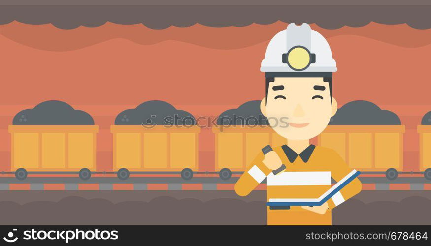 An asian miner checking documents with the flashlight. Mine worker in hard hat on the background of mining tunnel with cart full of coal. Vector flat design illustration. Horizontal layout.. Miner checking documents vector illustration.