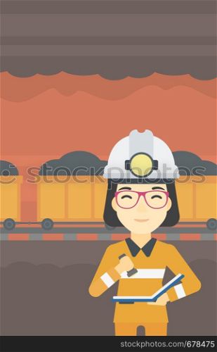 An asian miner checking documents with the flashlight. Mine worker in hard hat on the background of mining tunnel with cart full of coal. Vector flat design illustration. Vertical layout.. Miner checking documents vector illustration.
