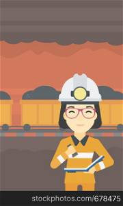An asian miner checking documents with the flashlight. Mine worker in hard hat on the background of mining tunnel with cart full of coal. Vector flat design illustration. Vertical layout.. Miner checking documents vector illustration.