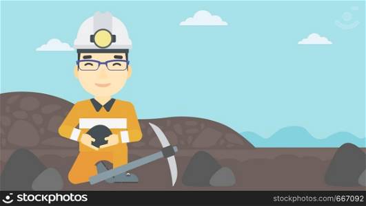 An asian miner in hard hat sitting with coal in hands and a pickaxe on the background of coal mine. Vector flat design illustration. Horizontal layout.. Miner holding coal in hands vector illustration.