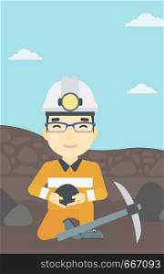 An asian miner in hard hat sitting with coal in hands and a pickaxe on the background of coal mine. Vector flat design illustration. Vertical layout.. Miner holding coal in hands vector illustration.