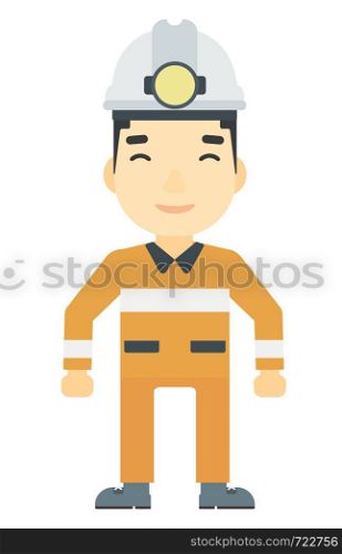 An asian miner in hardhat with torch vector flat design illustration isolated on white background. Vertical layout.. Confident miner in hardhat.