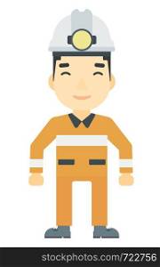 An asian miner in hardhat with torch vector flat design illustration isolated on white background. Vertical layout.. Confident miner in hardhat.