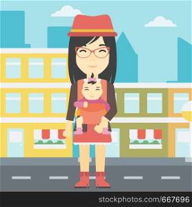 An asian mother carrying daughter in sling. Mother with baby in sling walking in the city street. Young mother carrying a newborn in sling. Vector flat design illustration. Square layout.. Mother carrying her daughter in sling.