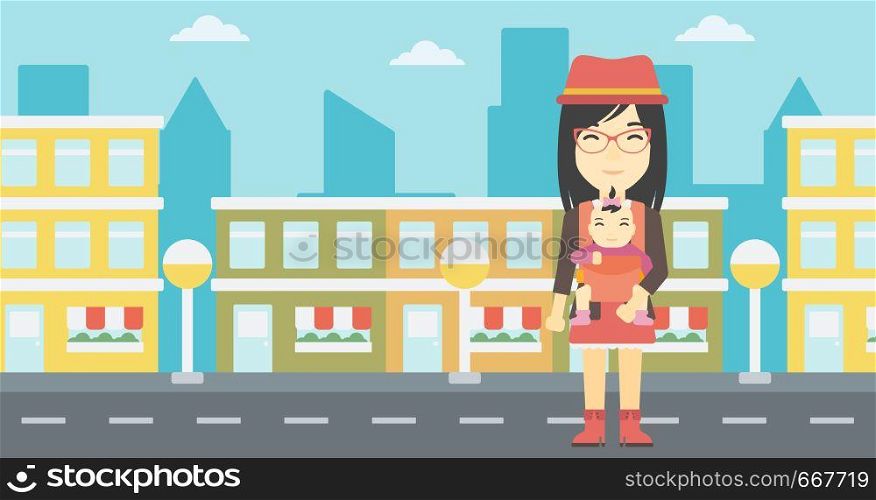 An asian mother carrying daughter in sling. Mother with baby in sling walking in the city street. Young mother carrying a newborn in sling. Vector flat design illustration. Horizontal layout.. Mother carrying her daughter in sling.