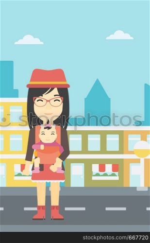 An asian mother carrying daughter in sling. Mother with baby in sling walking in the city street. Young mother carrying a newborn in sling. Vector flat design illustration. Vertical layout.. Mother carrying her daughter in sling.