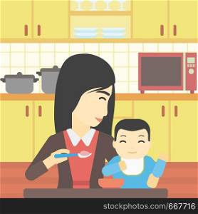 An asian mother feeding baby at home. Young mother teaching baby to eat with spoon. Mother spoon-feeding her baby at kitchen. Vector flat design illustration. Square layout.. Mother feeding baby vector illustration.