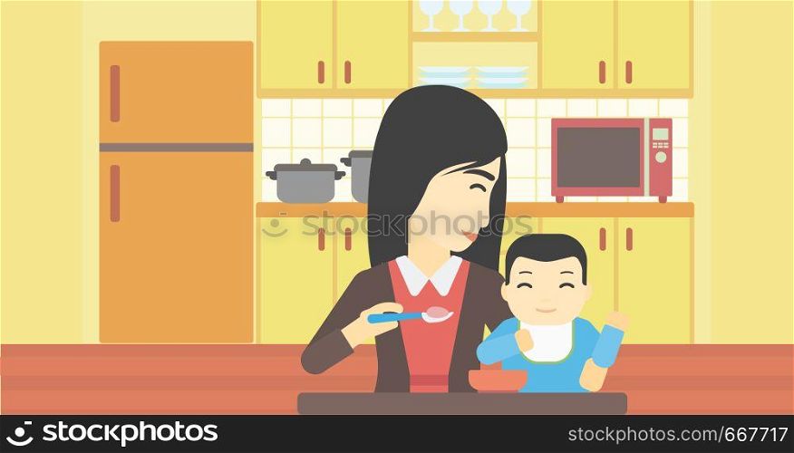 An asian mother feeding baby at home. Young mother teaching baby to eat with spoon. Mother spoon-feeding her baby at kitchen. Vector flat design illustration. Horizontal layout.. Mother feeding baby.