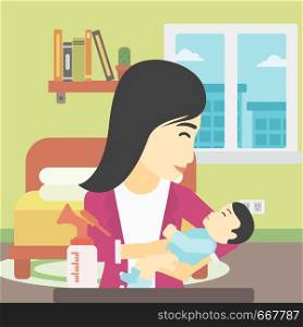 An asian mother holding a newborn baby in hands and a breast pump standing on the table in front of her. Young mother feeding her baby. Vector flat design illustration. Square layout.. Mother with baby and breast pump.