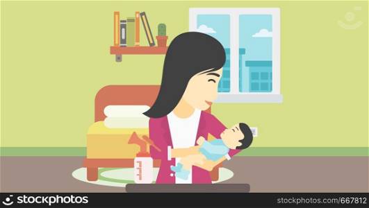 An asian mother holding a newborn baby in hands and a breast pump standing on the table in front of her. Young mother feeding her baby. Vector flat design illustration. Horizontal layout.. Mother with baby and breast pump.