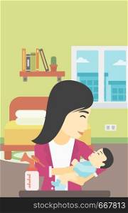 An asian mother holding a newborn baby in hands and a breast pump standing on the table in front of her. Young mother feeding her baby. Vector flat design illustration. Vertical layout.. Mother with baby and breast pump.