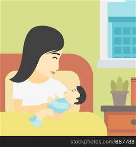 An asian mother holding newborn in maternity ward. Mother nursing baby. Mother and infant resting at hospital. Happy mother with newborn. Vector flat design illustration. Square layout.. Woman with new born in maternity ward.