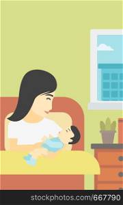 An asian mother holding newborn in maternity ward. Mother nursing baby. Mother and infant resting at hospital. Happy mother with newborn. Vector flat design illustration. Vertical layout.. Woman with new born in maternity ward.